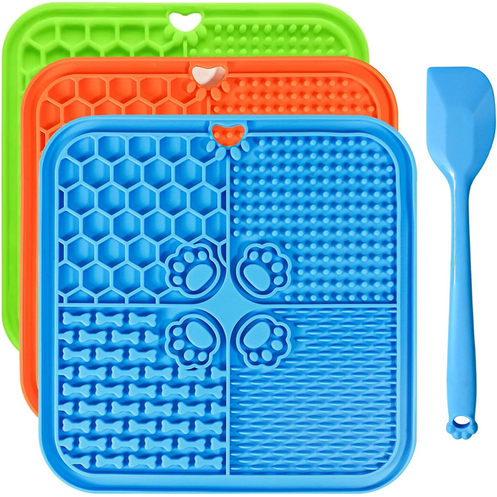 Килимок для годування собак з присосками, інтерактивна миска для собак та котів, антистрес, 3 шт. (7.87 x 7.87 дюймів) блакитний, оранжевий, зелений