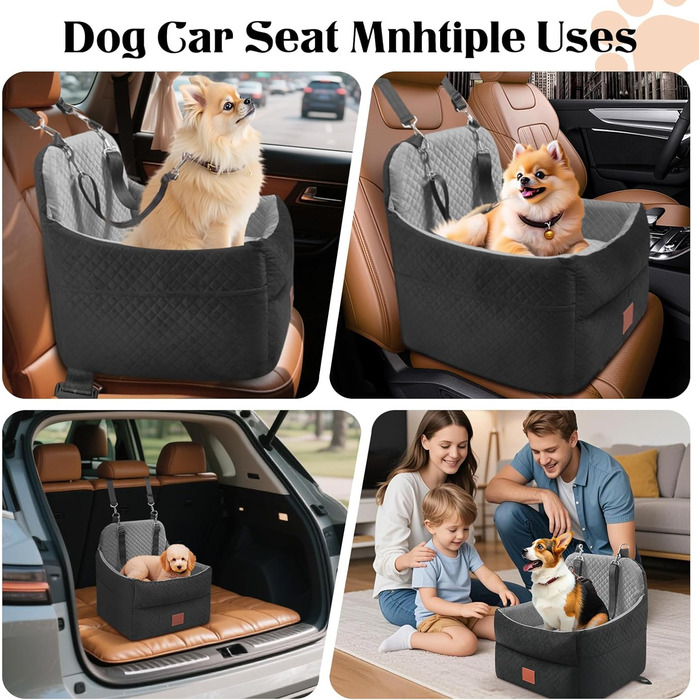 Автокрісло для собак маленьких та середніх порід (до 15,9 кг), з пам'яті-ефекту, знімний чохол, 2 ремені безпеки, чорний/сірий, Medium