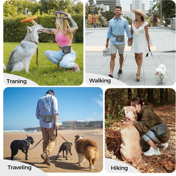 Сумка для ласощів для собак з металевим кліпом для ременя, міцна застібка-магніт, велика місткість, диспенсер для пакетів для екскрементів (темно-сірий)