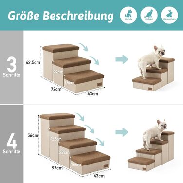 Сходинка для собак маленьких порід зі зберіганням, широка, складна для ліжка та дивану, з неслизьким покриттям, вологостійка (3x97x56 см), колір: коричневий, 4 ступінці, розмір: 43x97x56 см