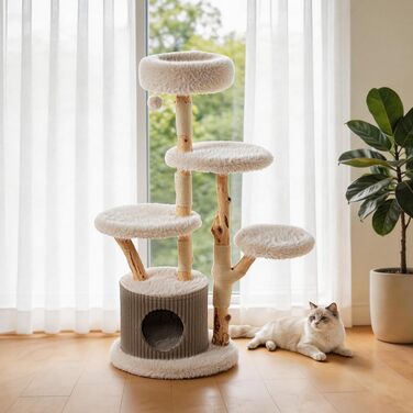 Дряпачка для котів Fudajo Forest Tree 137-146 см, ігровий комплекс у стилі натурального дерева з будиночком, ліжками та іграшковим м'ячем