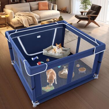 Клітка-загон для цуценят 42x42x25.6 дюймів з воротами, загон для собак, клітка-загон для тварин для дому та вулиці, стабільний захисний вольєр з потовщеним матеріалом, Колір: Синій