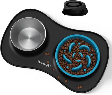 Набір мисок для собак MateeyLife 3-в-1: миска для їжі протиковзаюча, миска для води з нержавіючої сталі та силіконова підставка. Підходить для собак, котів та цуценят різних порід. Чорний колір.