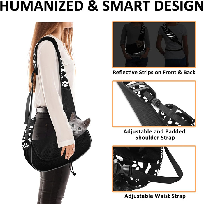 Трапельник для собак та котів, чорний, з регульованим ремінцем, для тварин до 5 кг, принт 'Лапи та кістки'