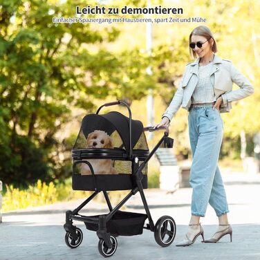 Складаний візок для собак та візок-буги для тварин до 15 кг, одноярусний, з повідцями безпеки, сітковими вікнами та місцем для зберігання, ідеальний для подорожей та прогулянок, чорний