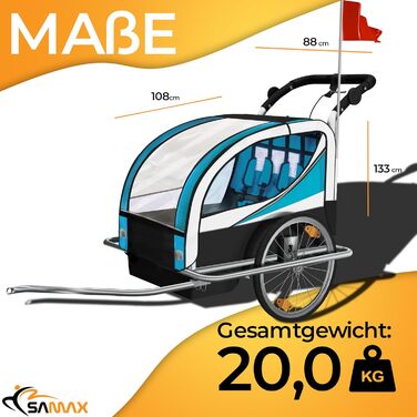 SAMAX Fahrradanhänger Jogger 2in1: Дитячий велопричіп-коляска 2в1 для 2 дітей, повне зчеплення, поворот на 360° (Блакитний - Срібляста рама)
