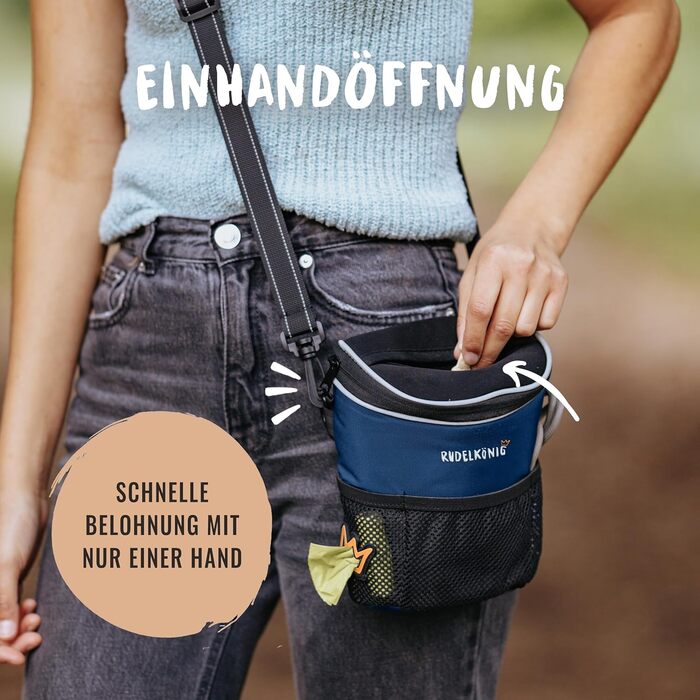 Сумка для ласощів для собак Rudelkönig - практична сумка для прогулянок та дресирування собак, фідер для собак з дозатором кульок для прибирання (Basic, Blue)