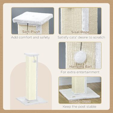Кігтеточка PawHut для котів, 81 см, з натурального сизалю, м'який плюш, кулька, білий колір, 41 x 41 x 81 см