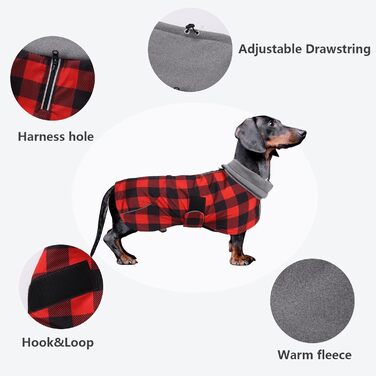 MOREZI Водонепроникна зимова куртка для собак, флісова підкладка, регульований пояс, світловідбиваючі елементи, для такс та схожих порід, розмір XS (довжина спини 29-32 см), в клітинку червоного кольору