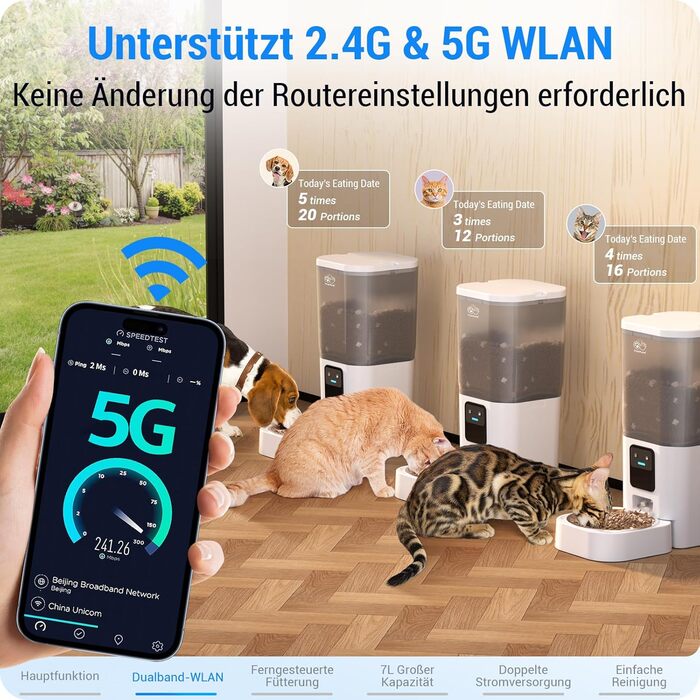 5G WiFi автогодівниця для котів і собак з керуванням через додаток, 7 л контейнер, сумісна з Alexa, автоматичний кормороздавач для кількох домашніх тварин, легке очищення