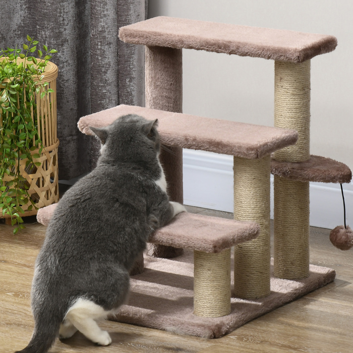 PawHut Cat Stairs Сходи для домашніх тварин для котів та собак 3 сходинки з кігтеточками Play Ball Plush Brown 45x40x48см для більшого комфорту