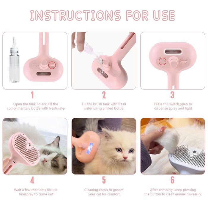 3-в-1 Парова щітка для котів та собак - видалення шерсті, гребінець з функцією швидкого вивільнення & водяний спрей, щітка для боротьби з випаданням шерсті, для довгої та короткої шерсті (Рожевий)