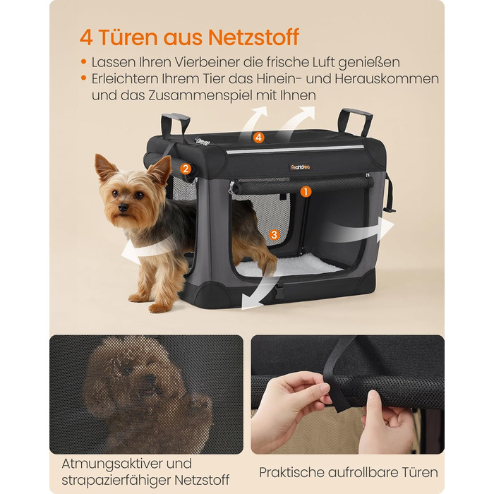 Клітка для собак Feandrea, 50x35x35 см, складана переноска для маленьких собак, чорна, з місткістю для води та корму