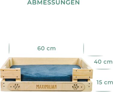 Персоналізоване ліжко для котів LAUBLUST з іменем - гравіювання лапок та імені - диван-ліжко для великих та маленьких котів | Диван-софа для кота - лежанка-платформа з дерева з подушкою | приблизно 60x40x15 см, коричневий (з блакитною подушкою)