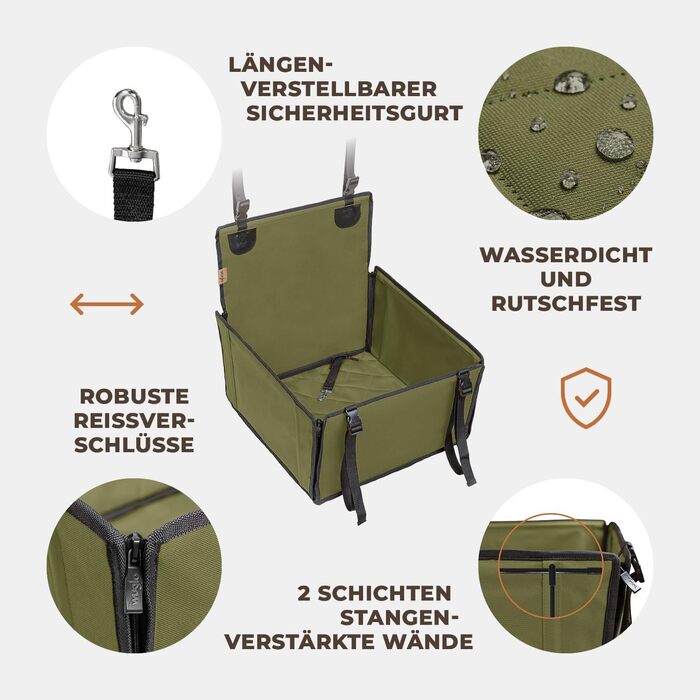 Автокрісло для собак WUGLO Extra Stabiler - надійне автокрісло для малих та середніх собак з 4 ременями кріплення, водонепроникне, колір хакі