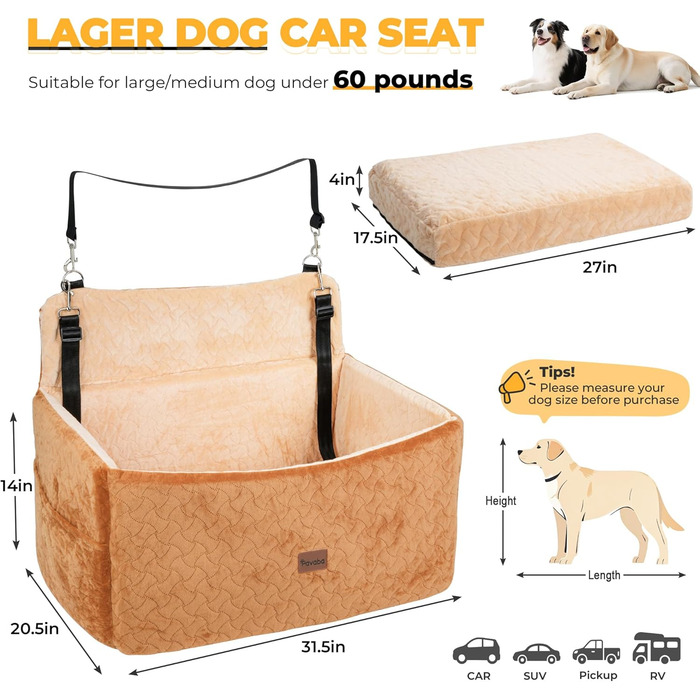 Автокрісло для собак великих та середніх порід до 27,2 кг - З піднятою передньою частиною 35,6 см, подушка з Memory Foam, знімний, миючий чохол, коричневе