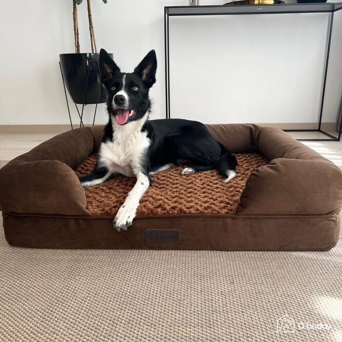 Ортопедичне собаче ліжко для великих собак, водонепроникне, знімний та миючий чохол, віскоеластична піна, заспокійливий плюш, піднятий борт, 90x65x23 см, коричневе