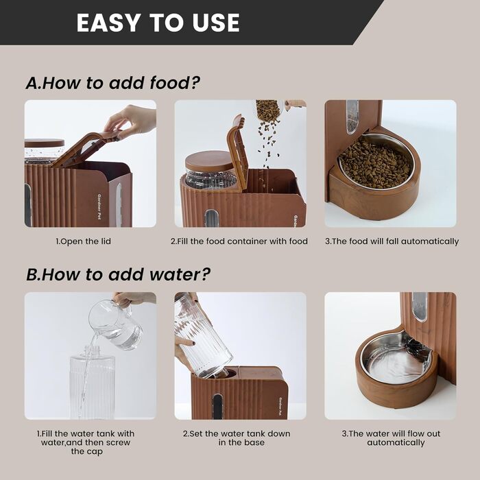 Автоматичний годівниця для котів та собак Gardner з 2 мисками, без електроенергії, з нержавіючої сталі, BPA Free, 3L*2, темне дерево