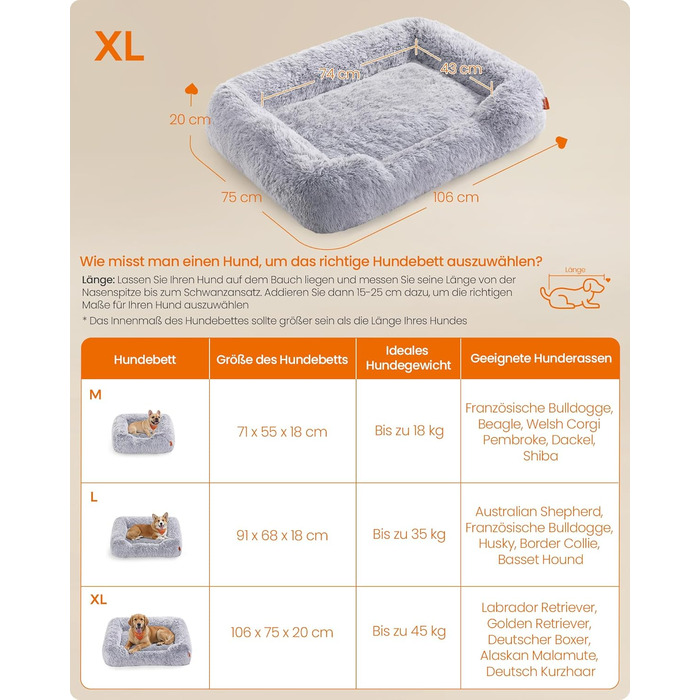 Ліжко для собак Feandrea, м'який лежак, корзина для собак, диван для собак, XL (106 x 75 x 20 см), сірий Ombré, PGW271G01