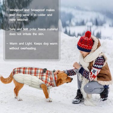 Зимовий теплий куртка для собак Kuoser, водонепроникний та вітрозахисний, з підкладкою з флісу, світловідбивачі, блискавка, комір з хутром, D-кільце, для малих собак, XS, червоний в клітинку