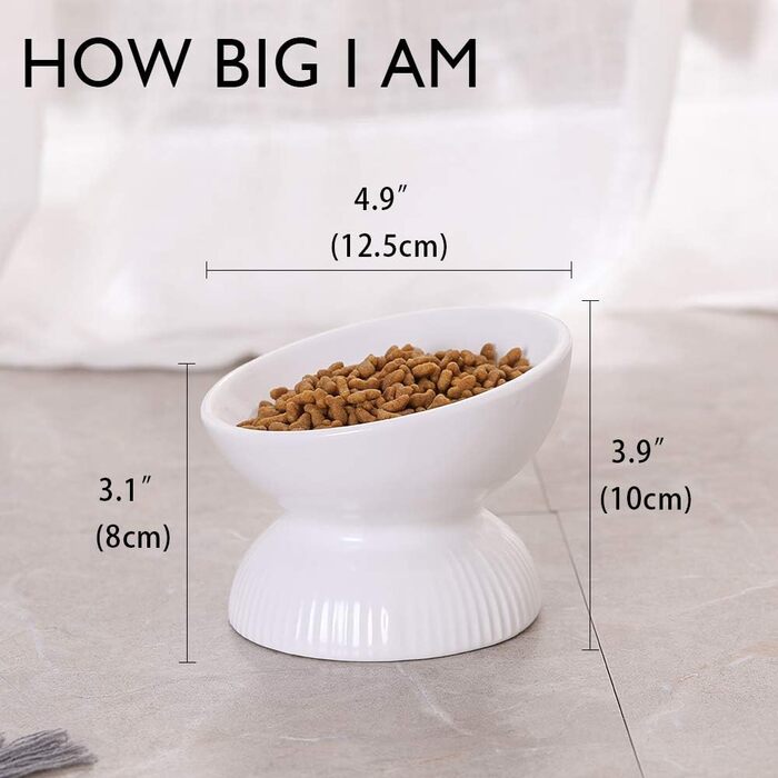 Підвищена годівниця для котів з кераміки, нахилена – проти блювоти, 280 мл, діаметр 15,5 см, білий колір