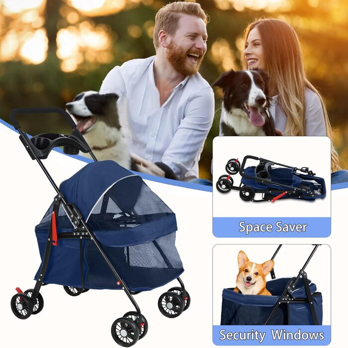 Візок для собак 2 в 1, візок-переноска для тварин до 20 кг, з поворотними колесами 360°, з підстаканником, синій