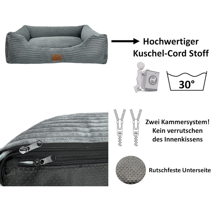 Ортопедичне ліжко для собак Elropet з м'якого корду, кошик для собак, XS/S/M/L/XL, сірий мишачий (120x90x25 см)