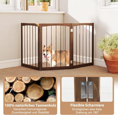 Захисний бар'єр для собак COSTWAY 3 секції, дерев'яний, 76 см, розкладний, для кухні, коридору, сходи, з сосни (коричневий)