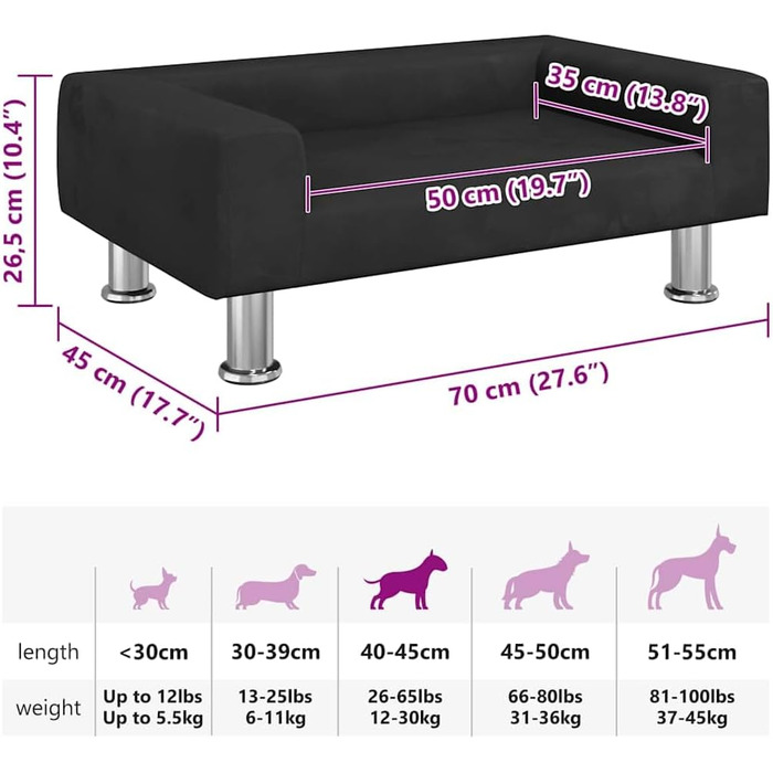 Крісло-ліжко для собак, м'яке ліжко для тварин, лежанка для маленьких собак та котів, чорний велюр, 70 x 45 x 26.5 см