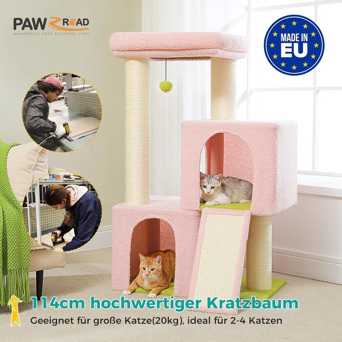 Великий котячий кігтеточка PAWZ Road, 114 см, подвійна будка, товстий сизалевий стовп 11 см, рожевий, для великих котів