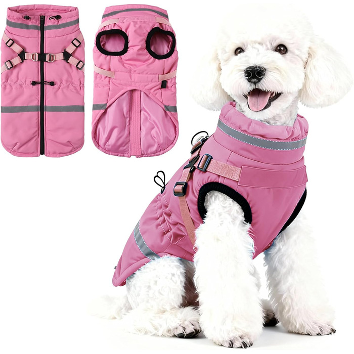Теплий зимовий одяг для собак – куртка з флісу, світловідбиваюча, водо- та вітронепроникна, з інтегрованим повідком, рожева