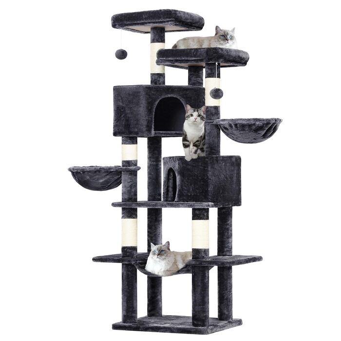 MSmask Котячий будиночок-кігтеточка великий, 180 см, багатоповерховий, з сизалевими стовпами, 2 платформи, 2 будиночки, кошик, гамак, стабільний, сірий