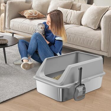 Великий напівзакритий туалет для котів XXL з кришкою Edelstаhl, 60x40x32 см, 30 л, із совком та 4-шаровим килимком, протікозахищений, для котів, кошенят і кроликів, сірий