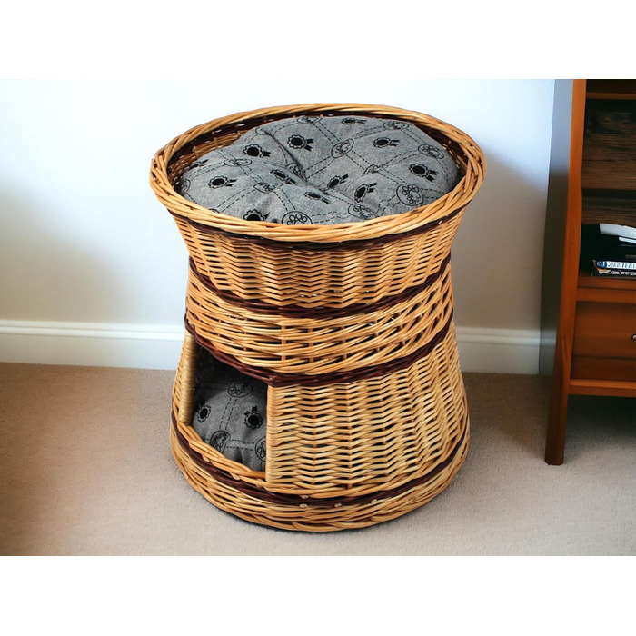 Кігтеточка-лежанка для котів та собак, діаметр 47 см, з натуральної плетінки, двоярусна, з подушкою сірого кольору 47x47x45 см