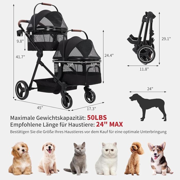 Візок для собак Zstar: двомісний, чорний, складний, з сумками для тварин (до 15 кг кожна)