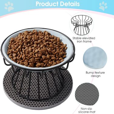 Набір мисок для котів (2 шт.) з підставкою, керамічні миски для корму та води, силіконовий килимок, блакитний + рожевий