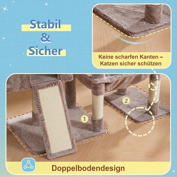 Котячий будиночок Hey-brother Kratzbaum з великими платформами для великих котів, 127 см, з драбиною, 2 печери, гамак, сизаль, кошик, MPJ071W (пісочний)