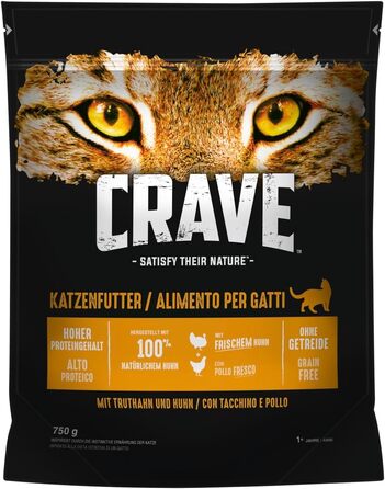 Сухий корм для дорослих котів Crave з індиком та куркою, беззерновий, преміум-клас, 6х750 г