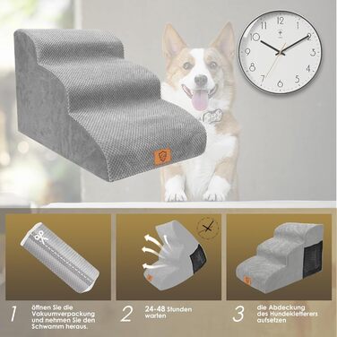 Сходинки для собак маленьких порід, 3 сходинки, водонепроникні, з високощільним губчастим матеріалом, знімні, для доступу до ліжка/софи, сірі.