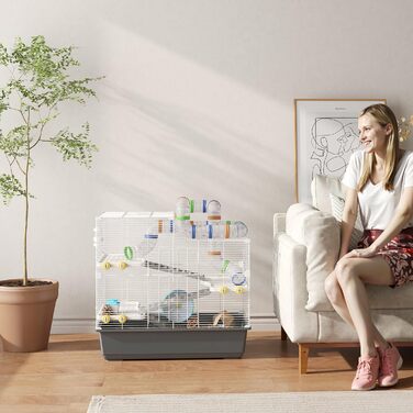 Клітка для хом'яків PawHut 4-ярусна з аксесуарами: колесо, годівниця, тунель, хатинка. Розмір 78x45x73 см, сіра