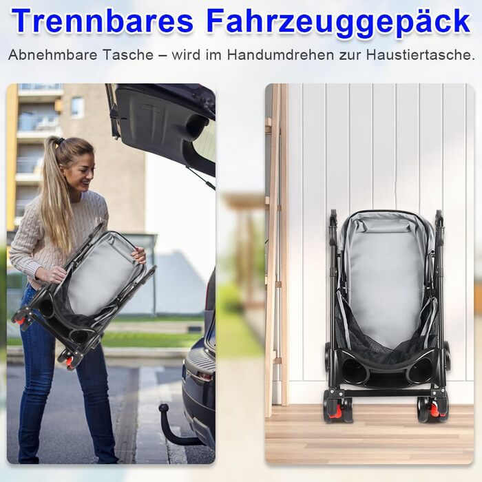 Складаний візок для тварин, 4 колеса, для собак/кішок, цуценят, 50 x 70 x 95 см (сірий)
