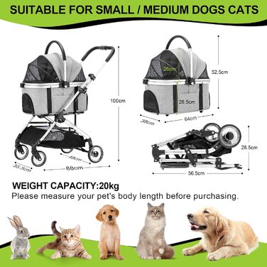 3-в-1 Візок для собак з знімним сидінням, переноска, сумка-трансформер, складаний, до 20 кг (сірий)