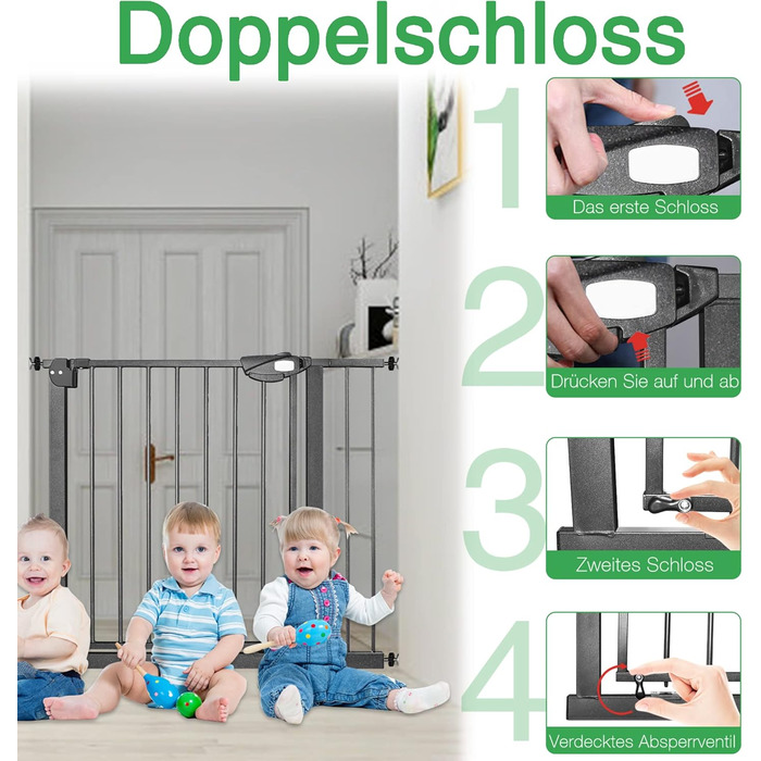 Захист для воріт/сходи: сітка без свердління, 105-115 см. Ідеально для собак та дітей. Двозамкове закриття, автоматичне закриття, відкривання однією рукою, стопор 90°, білий колір.