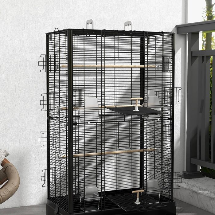 Клітка для птахів PawHut 61x36,5x98 см, чорна, з дверцятами, жердочками, висувним піддоном, годівницями та ручками для корел, хвилястих папуг, канарок, амадин