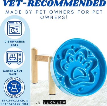 Миска для собак LE SERVETA Slow Feeder з кераміки, піднята, 3 миски, з дерев'яною підставкою, для собак середніх та великих порід, інтелектуальна миска-пазл (Блакитна)