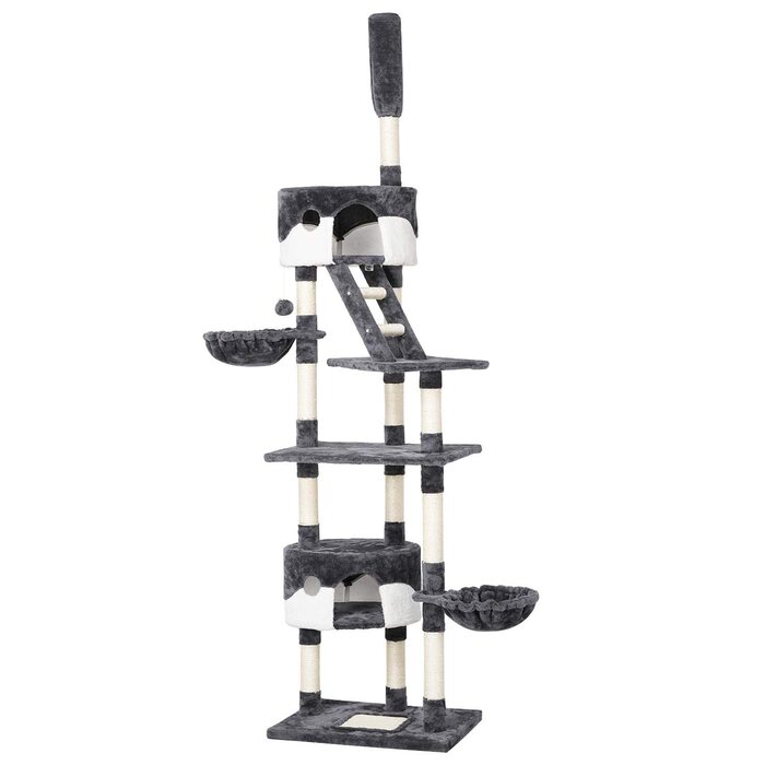 Кігтеточка Yaheetech XXL з 2 будиночками та кошиком для котів, з сизалевих стовпів, регульована висота 228-255 см, темно-сіра