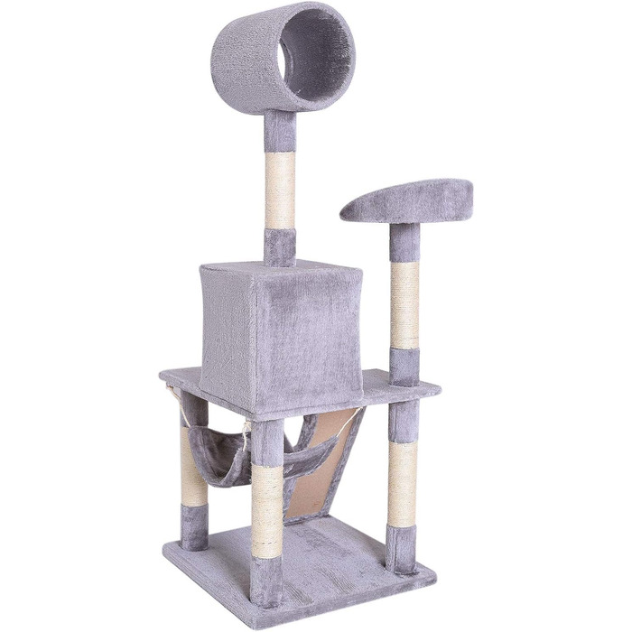 Дерево для котів Lionto з гамаком та тунелем, 133 см, з сизалевого мотузка та м'якого плюшу, з лежаками та печерами, підходить для котів будь-якого розміру, сірий