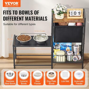 Підставка для корму для собак VEVOR, 92 x 27 x 75 см, з піднятими мисками, для великих, середніх та маленьких собак