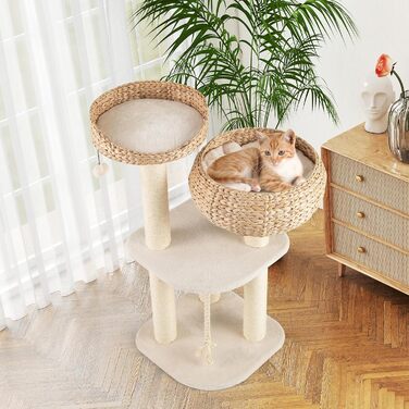 Драбина-стінка для котів GOPLUS з сизалевими стовпчиками, м'ячиком, гачком, просторою платформою, гніздом з соломи та стійкою конструкцією. Підходить для кількох котів (Бежевий)