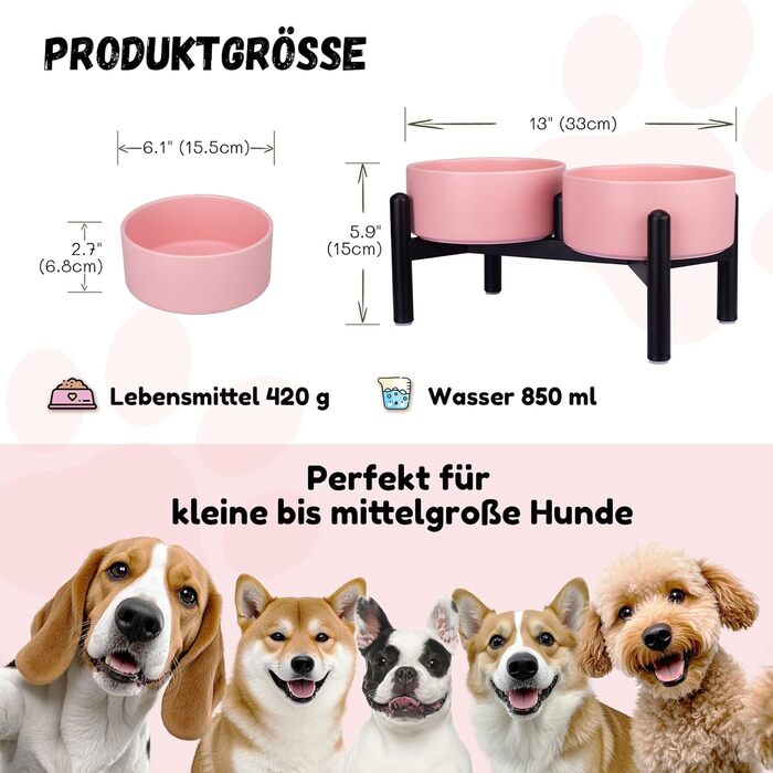 Підвищена годівниця для собак, набір - 2 годівниці з кераміки на металевому стійці, 850 мл, рожевий, для маленьких та великих собак